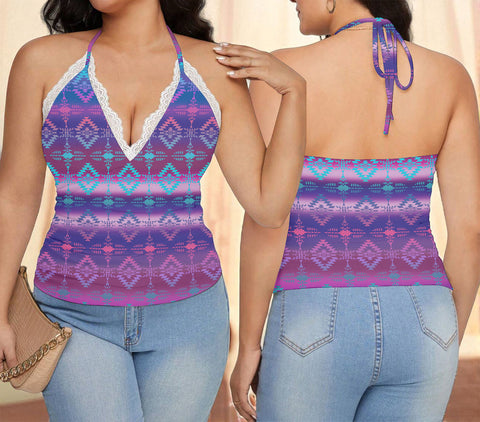 DS250620M07 Native American Women Lace-Trimmed Tie-Back Top