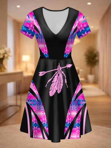DS250729M10v2 Feather Native American V-neck Neck Dress