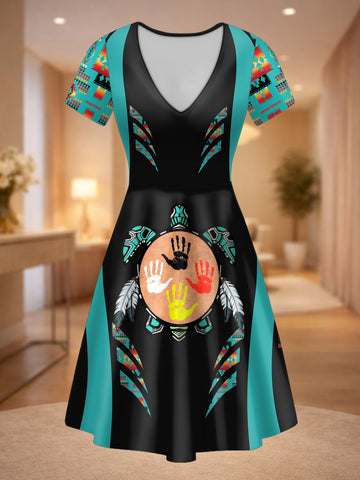 DS250729M11v2 Tribe Turtle Native American V-neck Neck Dress