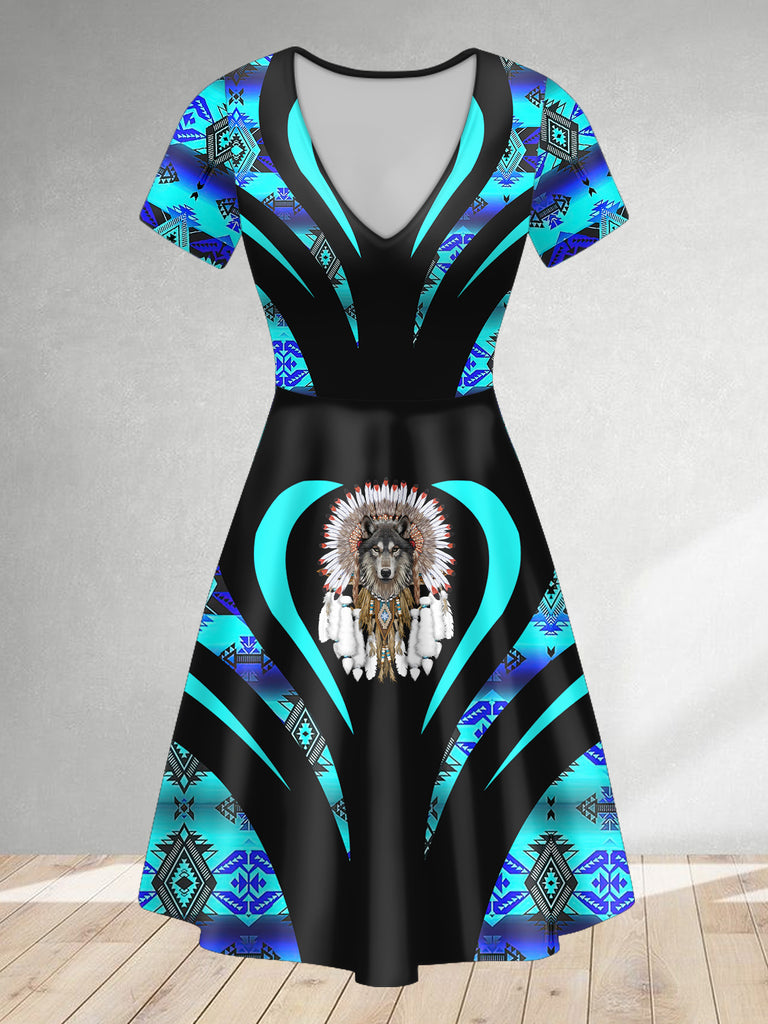 DS250729M12 Chief Wolf Native American V-neck Neck Dress