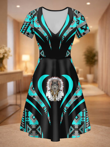 DS250729M13 Chief Wolf Native American V-neck Neck Dress