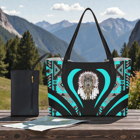 DS250729M13 Wolf Chief Native American Shopping Tote Bag With Black Mini Purse