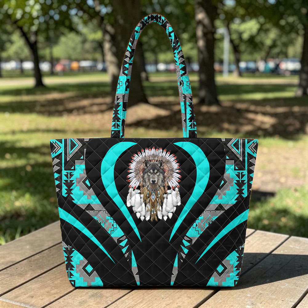 DS250729M13 Wolf Native American Quilted Shoulder Tote Bag