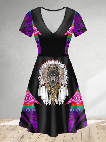 DS250729M14 Chief Wolf Native American V-neck Neck Dress