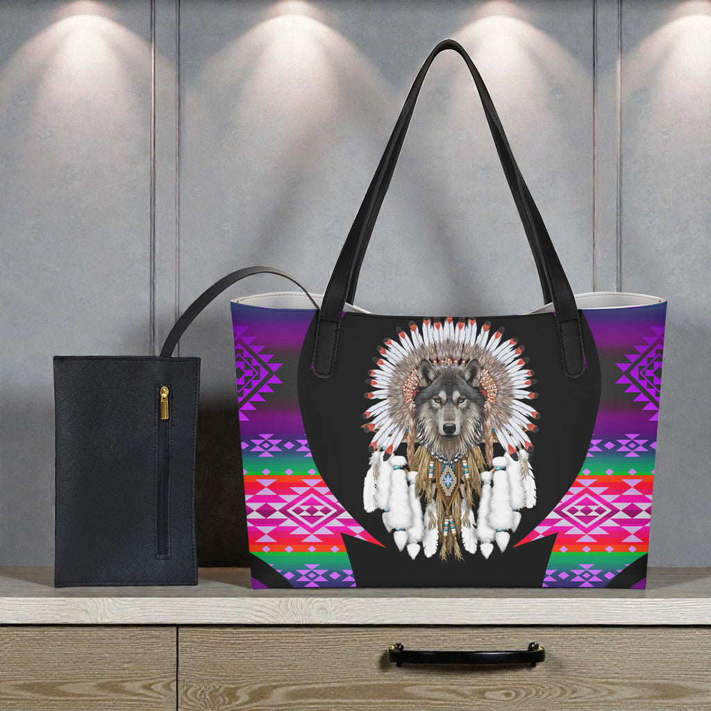 DS250729M14 Wolf Chief Native American Shopping Tote Bag With Black Mini Purse