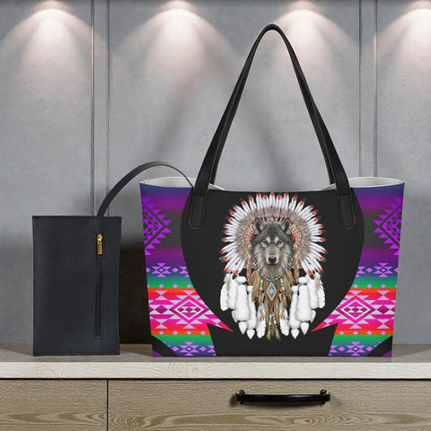 DS250729M14 Wolf Chief Native American Shopping Tote Bag With Black Mini Purse