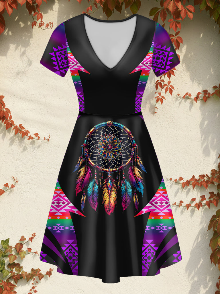 DS250729M14v2 Dreamcatcher Native American V-neck Neck Dress