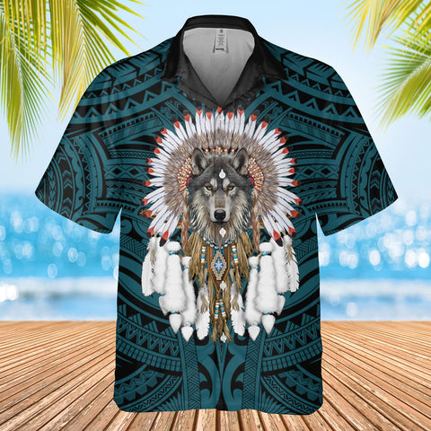 DS250731M02v3 Blue Pattern Wolf Chief Native American Hawaiian Shirt 3D
