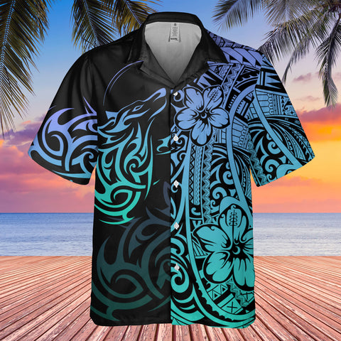 DS250801M03v7 Green Purple Wolf Native American Hawaiian Shirt 3D
