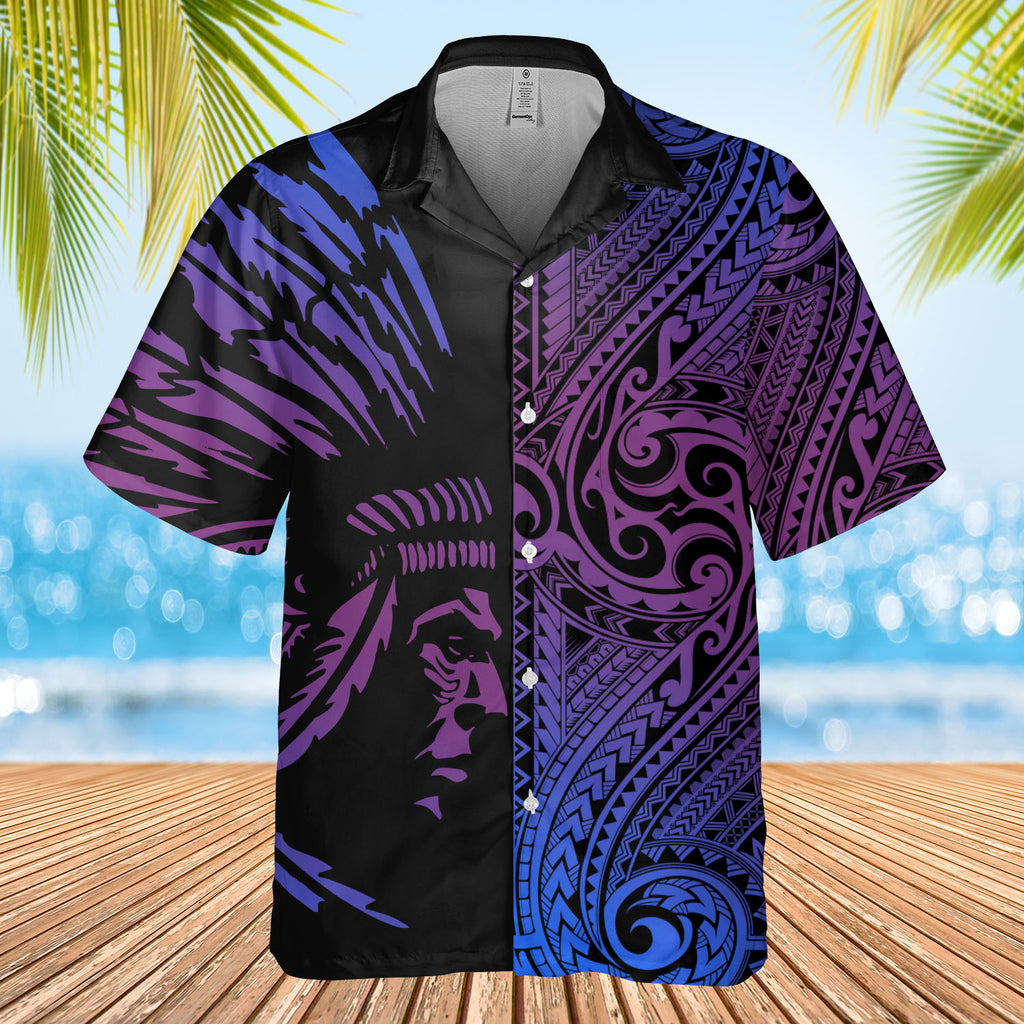 DS250801M04v3 Purple Blue Chief Native American Hawaiian Shirt 3D