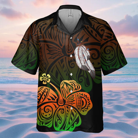 DS250805M01v2 Orange Green Hibiscus Feather Native American Hawaiian Shirt 3D