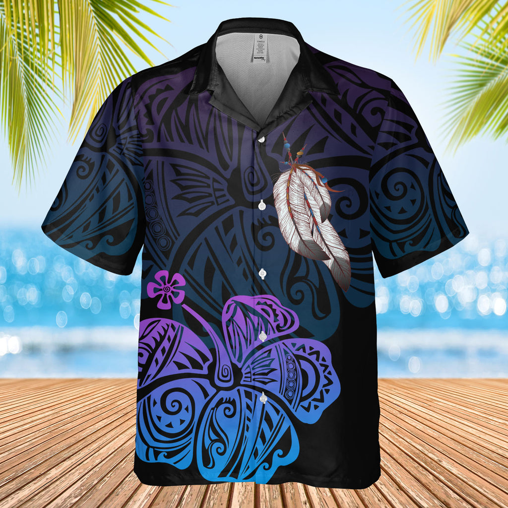 DS250805M01v3 Purple Blue Hibiscus Feather Native American Hawaiian Shirt 3D