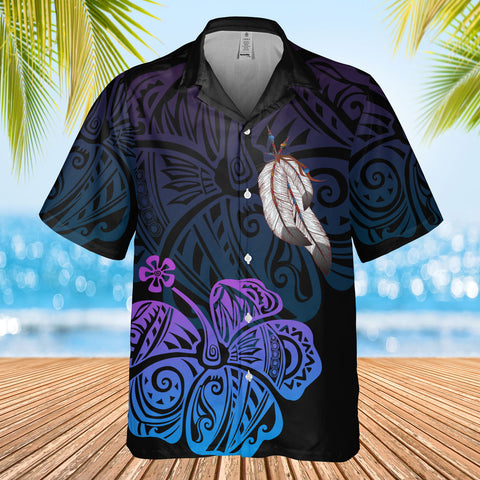 DS250805M01v3 Purple Blue Hibiscus Feather Native American Hawaiian Shirt 3D