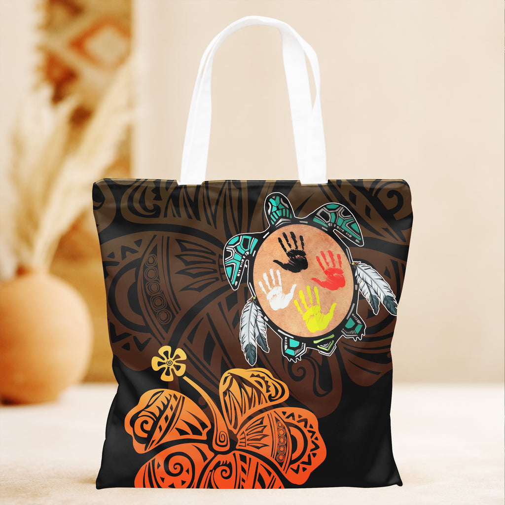DS250805M01v7 Turtle Hibicus Native American Tote Canvas Bag
