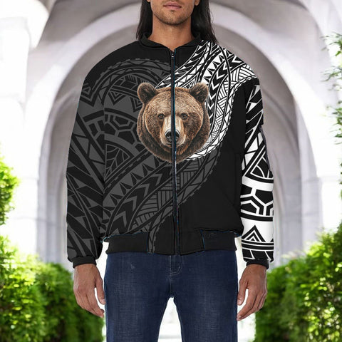 DS250807M01v5 Bear Native American Bomber Jacket With Sleeve Pocket