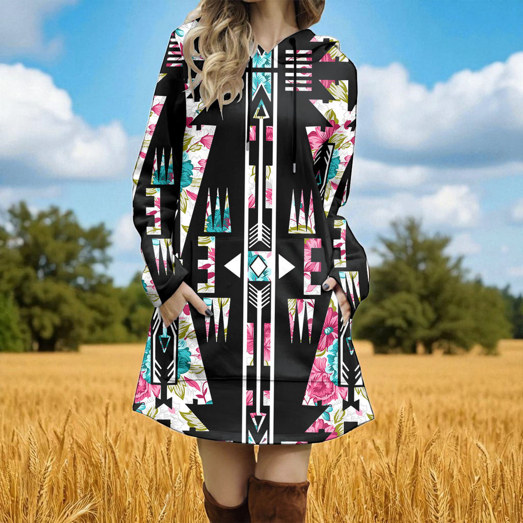 DS250911 Flower Arrow Native American Women Longline Hoodie Dress