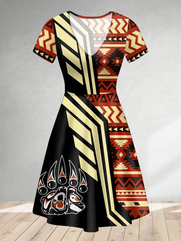 DS250925M08v2 Bear Claw Native American V-neck Neck Dress