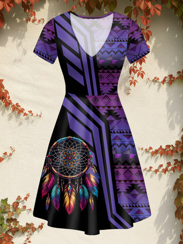 DS250925M09v2 Dreamcatcher Native American V-neck Neck Dress