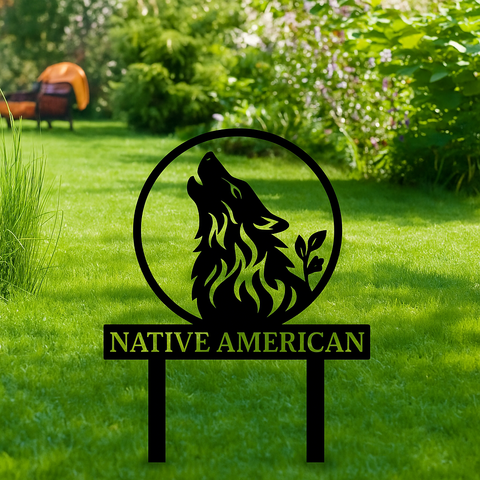 DS251020M09 Wolf Native American Metal Garden Stake Metal Sign