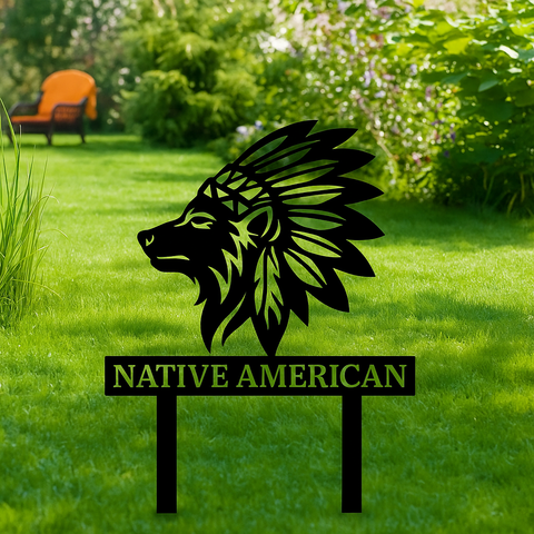 DS251020M12 Chief Wolf Native American Metal Garden Stake Metal Sign