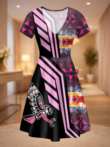 DS260206M01v2 Thunderbird Native American V-neck Neck Dress