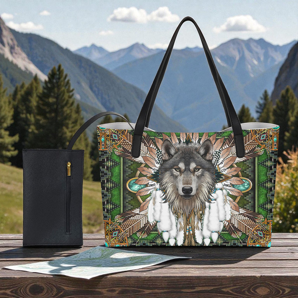DS260223M01 Wolf Native American Shopping Tote Bag With Black Mini Purse