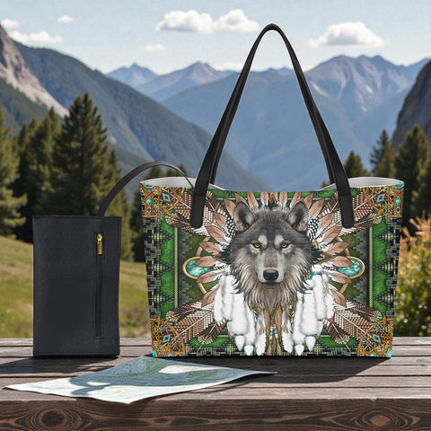 DS260223M01 Wolf Native American Shopping Tote Bag With Black Mini Purse