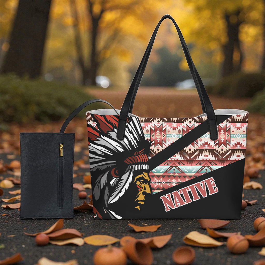 DS260223M02 Chief Native American Shopping Tote Bag With Black Mini Purse