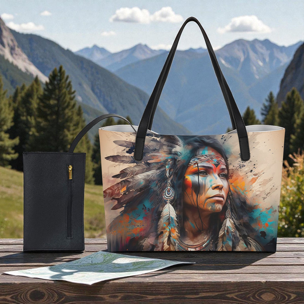 DS260223M06 Woman Chief Native American Shopping Tote Bag With Black Mini Purse
