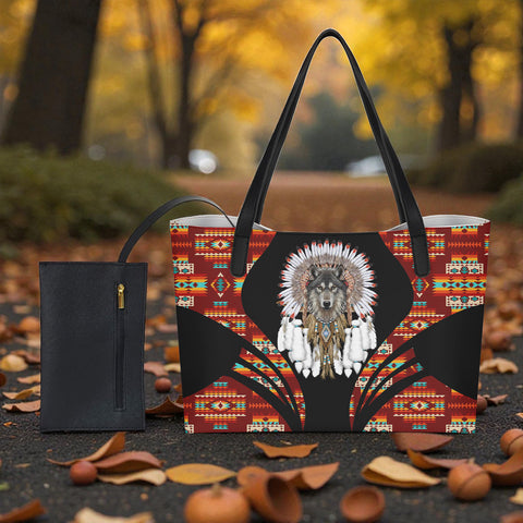DS260223M10 Wolf Native American Shopping Tote Bag With Black Mini Purse