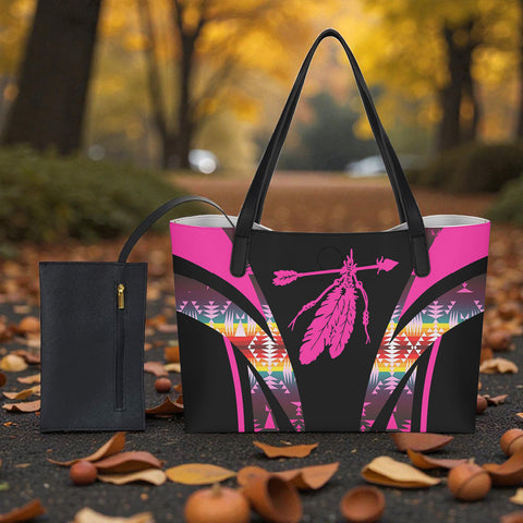 DS260223M14 Feather Native American Shopping Tote Bag With Black Mini Purse