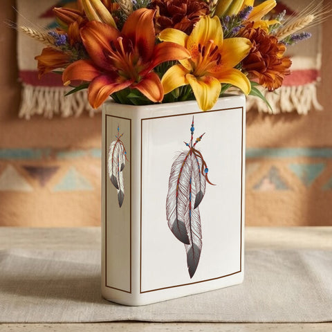 DS260317M06 Feather Native American Ceramic Book-Shaped Vase