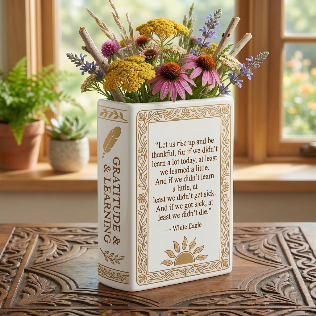 DS260318M09 Let us rise up and be thankful Native American Ceramic Book-Shaped Vase