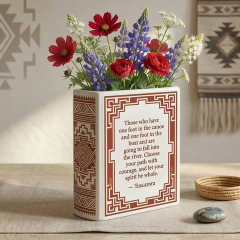 DS260318M13 Those who have one foot in the canoe Native American Ceramic Book-Shaped Vase