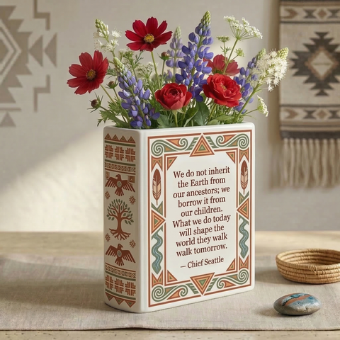 DS260318M16 We do not inherit the Earth Native American Ceramic Book-Shaped Vase