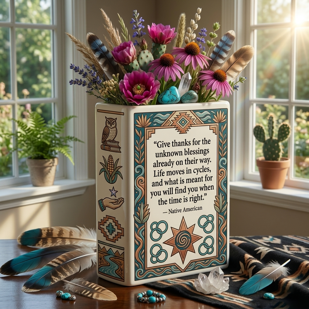 DS260319M08 Give thanks for the unknown blessings Native American Ceramic Book-Shaped Vase