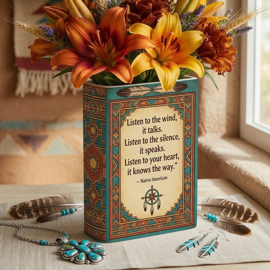DS260319M10 Listen to the wind Native American Ceramic Book-Shaped Vase
