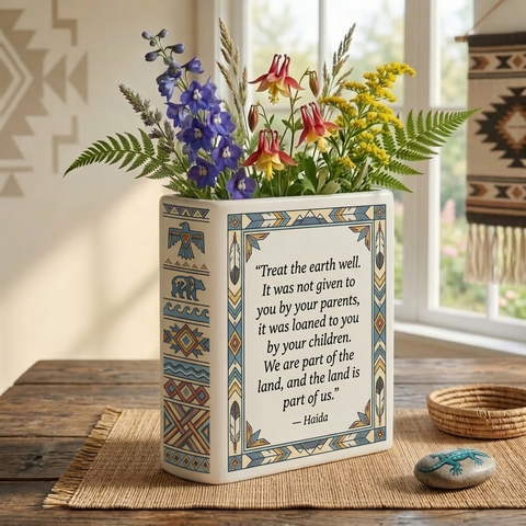 DS260319M11 Treat the earth well Native American Ceramic Book-Shaped Vase