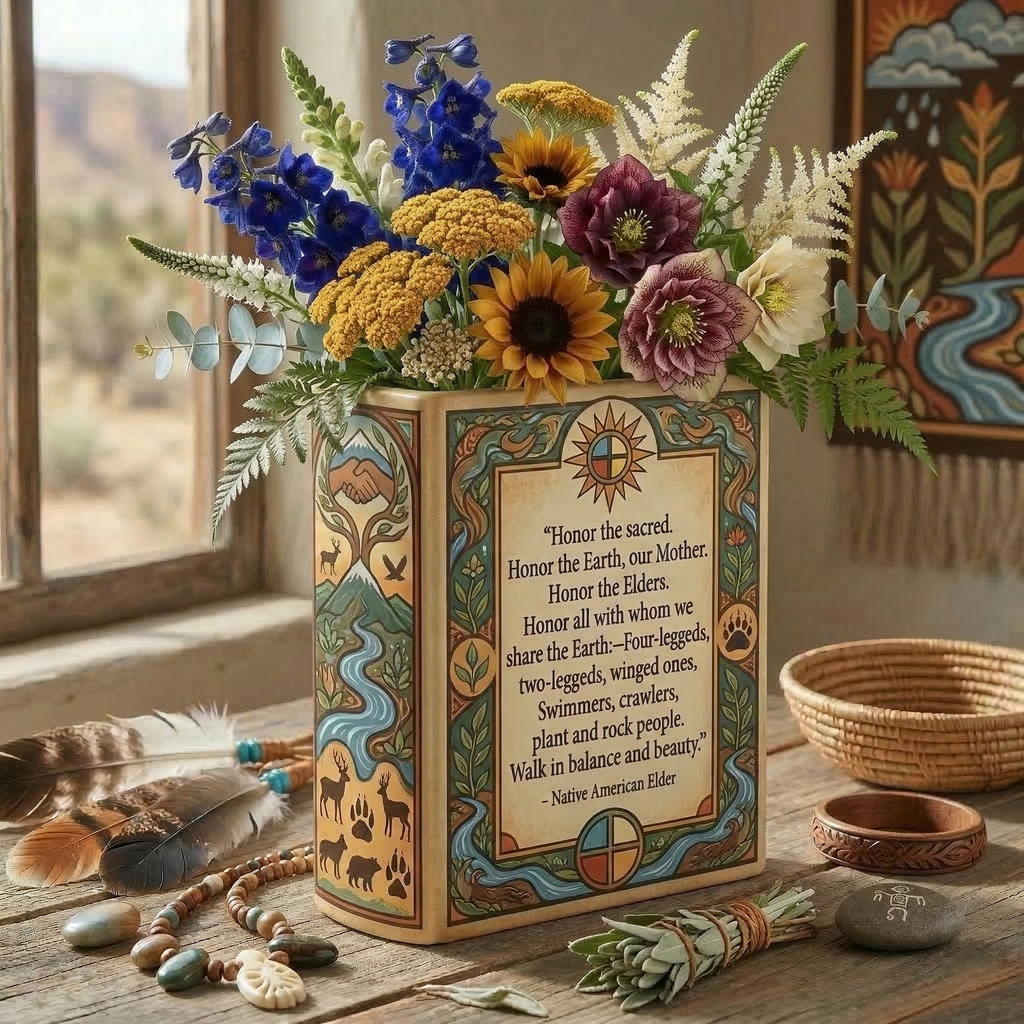 DS260319M19 Honor the sacred Native American Ceramic Book-Shaped Vase
