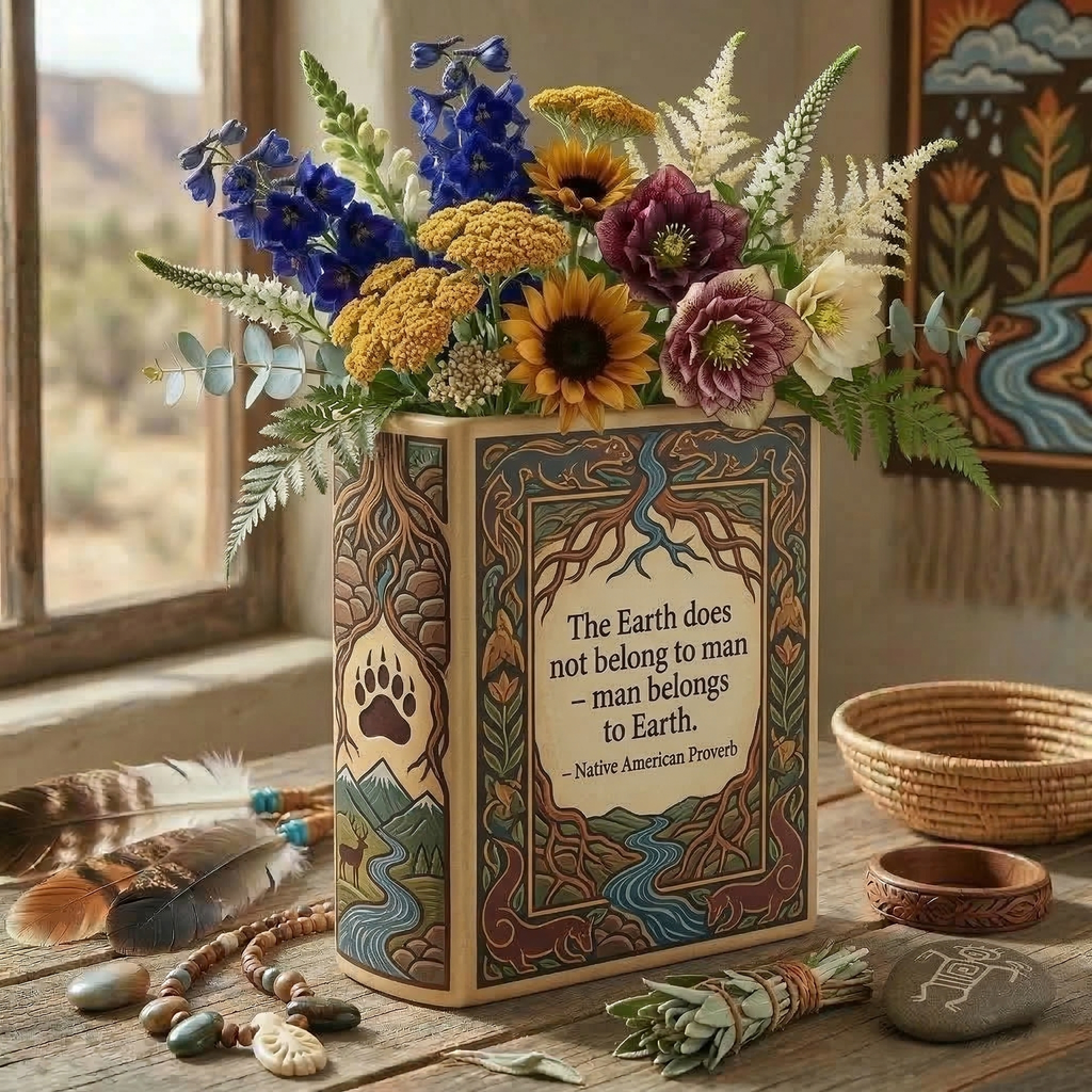 DS260320M02 The Earth does not belong Native American Ceramic Book-Shaped Vase