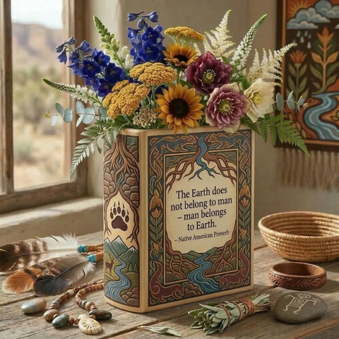 DS260320M02 The Earth does not belong Native American Ceramic Book-Shaped Vase