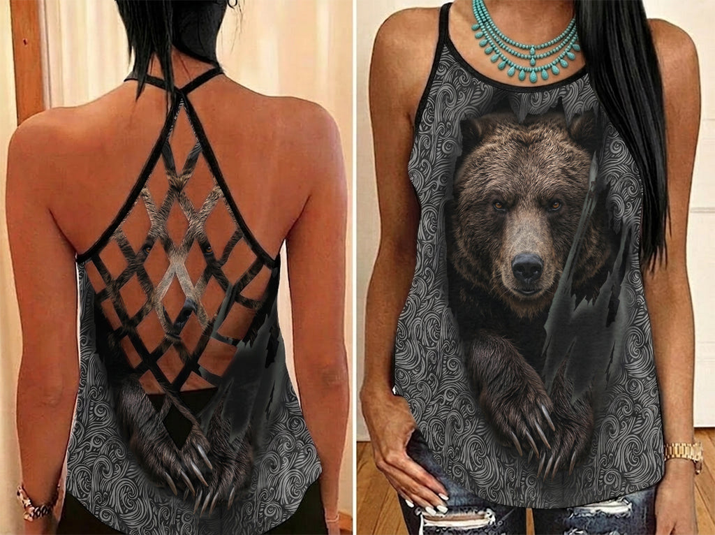 DS260408M08 Bear Scratch Native American Criss-Cross Open Back Tank Top