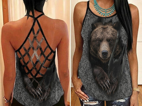DS260408M08 Bear Scratch Native American Criss-Cross Open Back Tank Top
