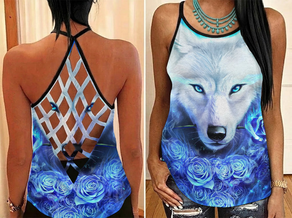 DS260425M02 Wolf Blue Roses Native American Criss-Cross Open Back Tank Top