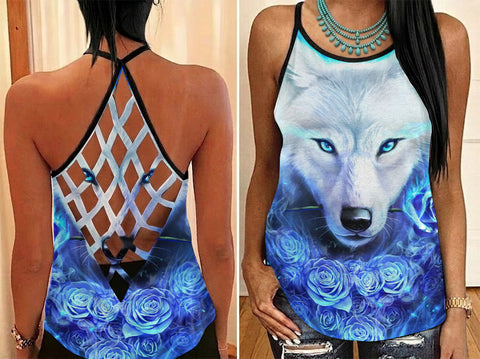 DS260425M02 Wolf Blue Roses Native American Criss-Cross Open Back Tank Top