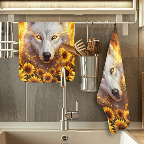 DS260425M02v2 Wolf Fire Native American Kitchen Dish Towel Set of 2
