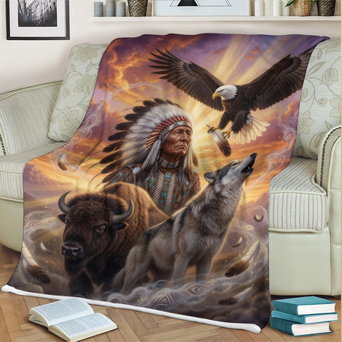 DS260429M02 Chief and Animals Native American Fleece Blanket