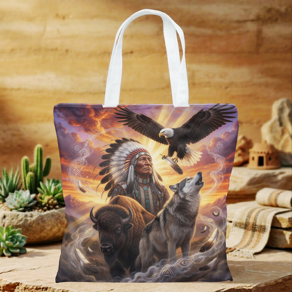 DS260429M02 Chief and Animals Native American Tote Canvas Bag