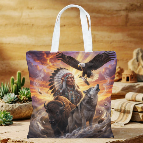 DS260429M02 Chief and Animals Native American Tote Canvas Bag