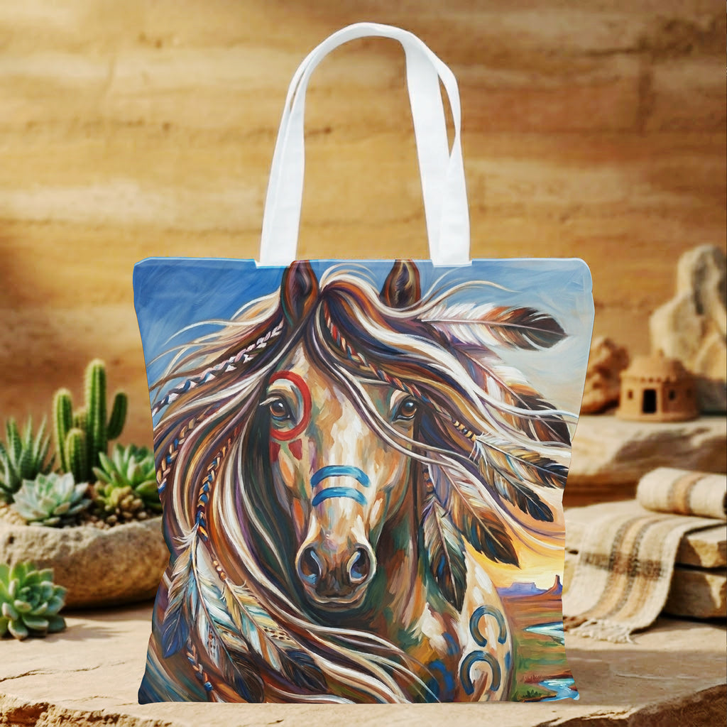 DS260429M07 Horse Native American Tote Canvas Bag